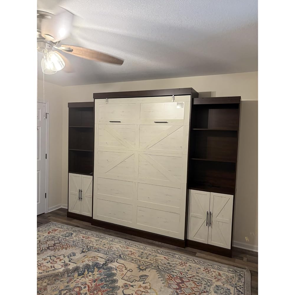 Queen Size Murphy Bed w/2 Storage Cabinet&2 LED Light, Farmhouse Wood Hidden Foldable Wall Bed Frame, Storage Bed Cabinet for Bedroom, Office, Space-Saving, No Box Spring Needed, Brown