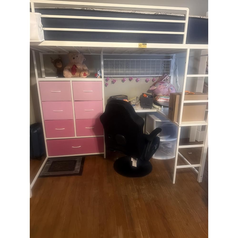 Full Loft Bed with L-Shaped Desk and 7 Storage Drawers, Metal Full Size Loft Bed for Teen with LED Lights and Charging Station,13.11" H Safety Guardrail and Ladder,No Box Spring Needed, White