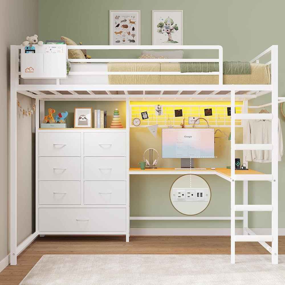 Full Loft Bed with L-Shaped Desk and 7 Storage Drawers, Metal Full Size Loft Bed for Teen with LED Lights and Charging Station,13.11" H Safety Guardrail and Ladder,No Box Spring Needed, White