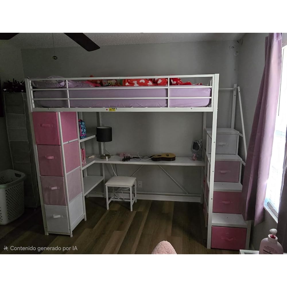 Loft Bed Twin Size with Storage Stairs,Desk and Power Strips,Metal Twin Loft Bed with LED Lights,8 Storage Drawers &Open Shelves,Loft Beds for Kids,Teens,Adults with Safety Guardrail,White+Pink