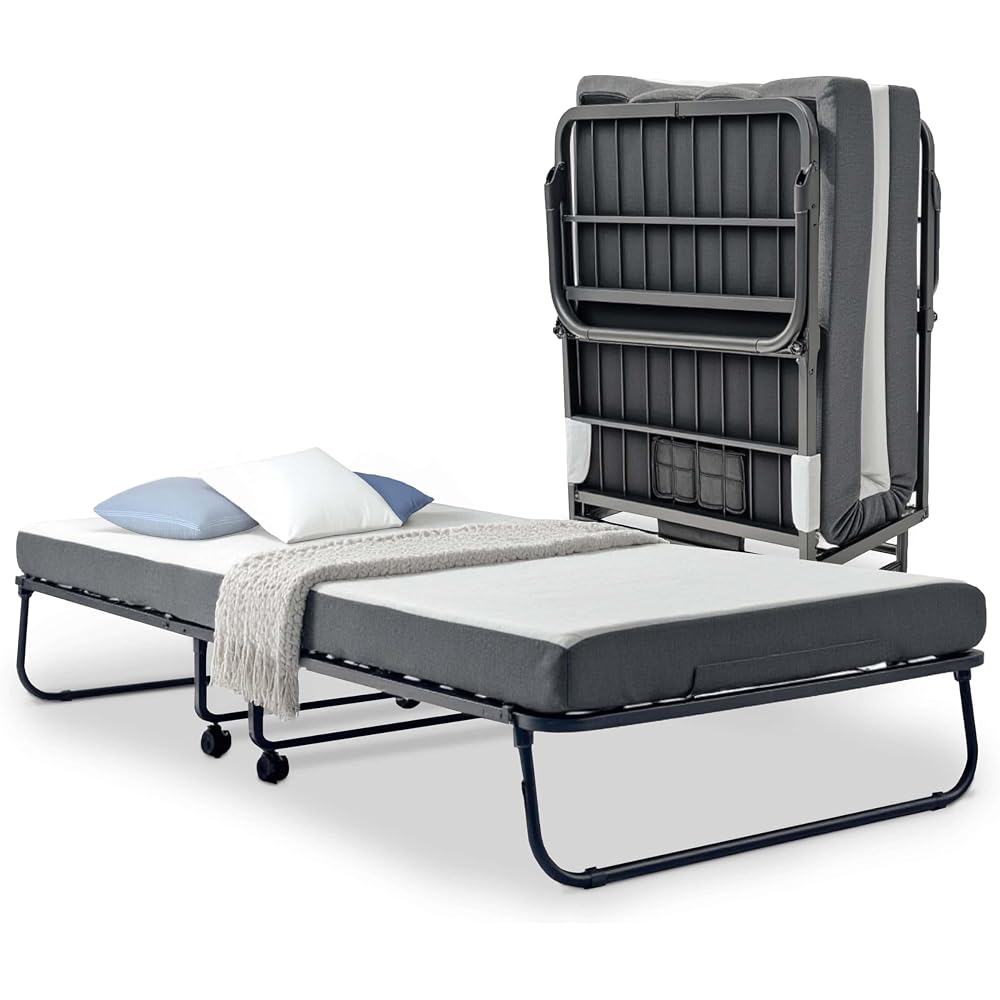 Folding Bed with 5" Luxury Memory Foam Mattress, Portable Rollaway Guest Bed with Sturdy Frame, Locking Wheels & Cover, Roll Away Fold Up Beds with Mattress for Adults, Twin Foldable Bed 75”x38”