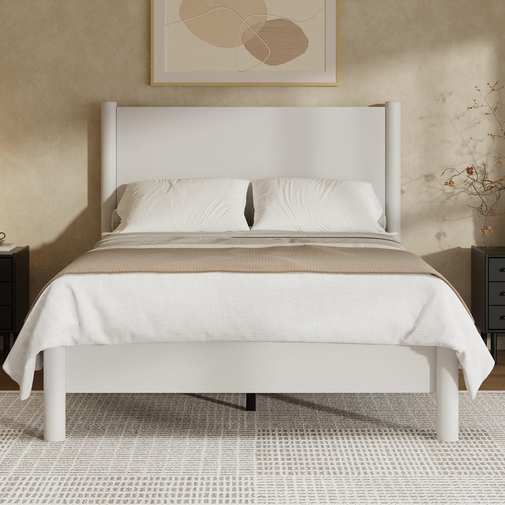 Full Size Platform Bed Frame with Wood Headboard, White