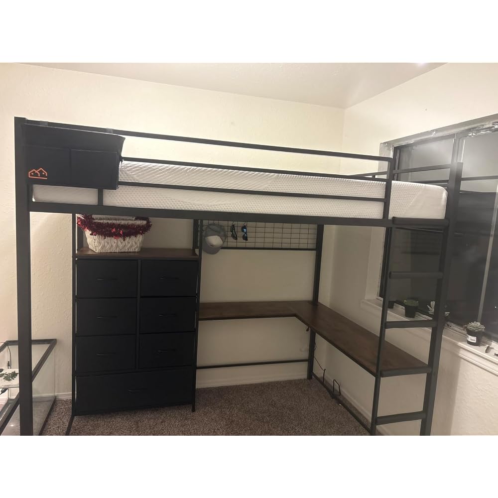 Full Loft Bed with L-Shaped Desk and 7 Storage Drawers, Metal Full Size Loft Bed for Teen with LED Lights and Charging Station,13.11" H Safety Guardrail and Ladder,No Box Spring Needed, White