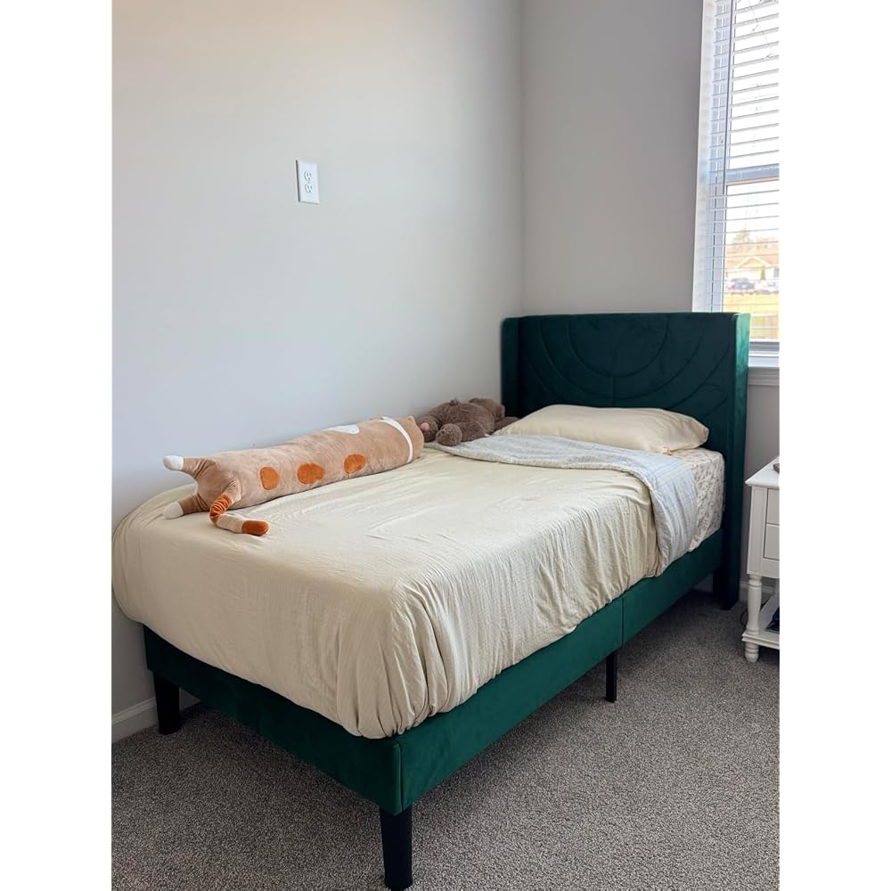 Queen Bed Frame Upholstered Platform with Fabric Headboard,Wooden Slats Support/No Box Spring Needed/Mattress Foundation,Dark Green