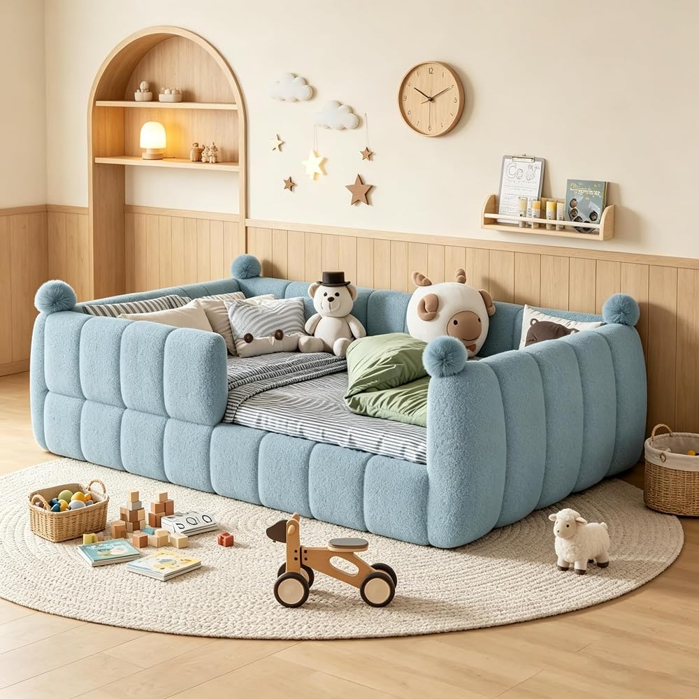 Queen Upholstered Floor Bed with Fence, Blue