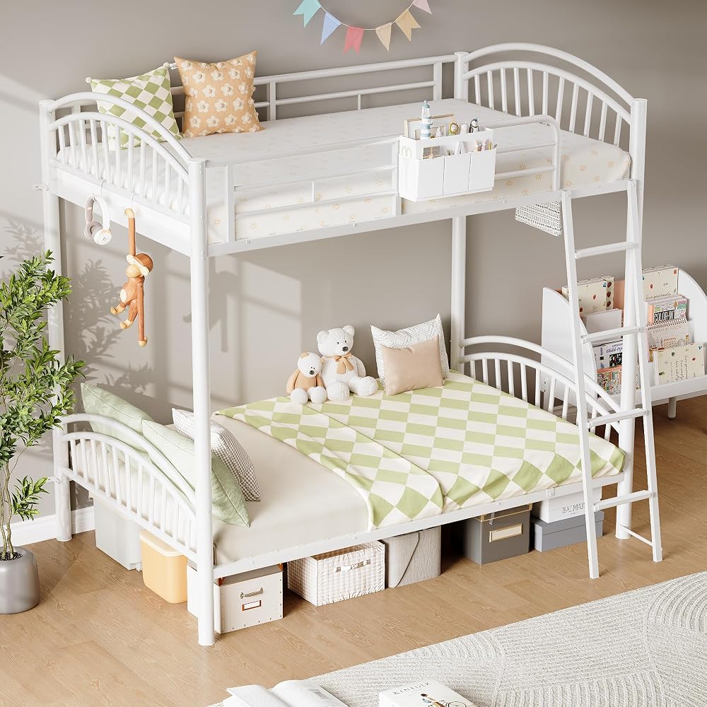 Metal Bunk Bed Twin Over Twin with Storage Bag, 2 Twin Size Beds with Safety Guard Rails and Anti-tip Nails for Teenager,Girls or Boys (White)