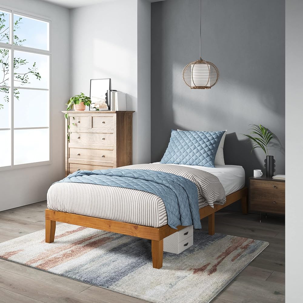 Alexia Wood Platform Bed Frame, Solid Wood Foundation, No Box Spring Needed, Wood Slat Support, Easy Assembly, Rustic Pine, Twin