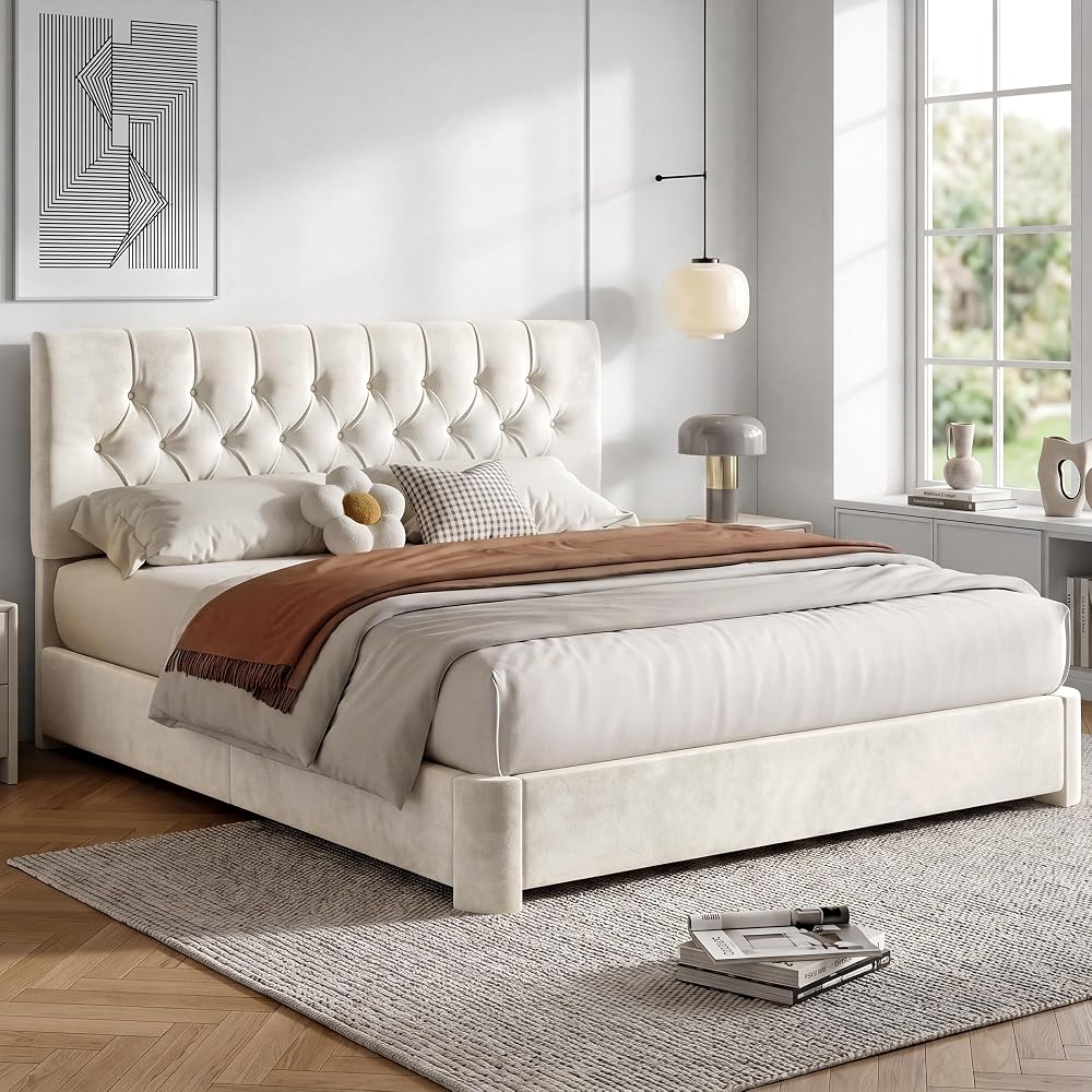 Queen Size Bed Frame with Headboard, Luxury Velvet Fabric Upholstered Bed frame with Button Tufted Design, Strong Wooden Slats Support - Low & Sturdy, Noise-Free, No Box Spring, Easy Assembly, Beige