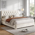 Queen Size Bed Frame with Headboard, Luxury Velvet Fabric Upholstered Bed frame with Button Tufted Design, Strong Wooden Slats Support - Low & Sturdy, Noise-Free, No Box Spring, Easy Assembly, Beige
