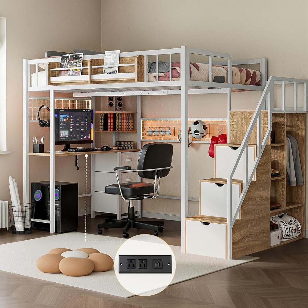 Loft Bed with Desk and Stairs, Headboard, Outlet (White, Full)
