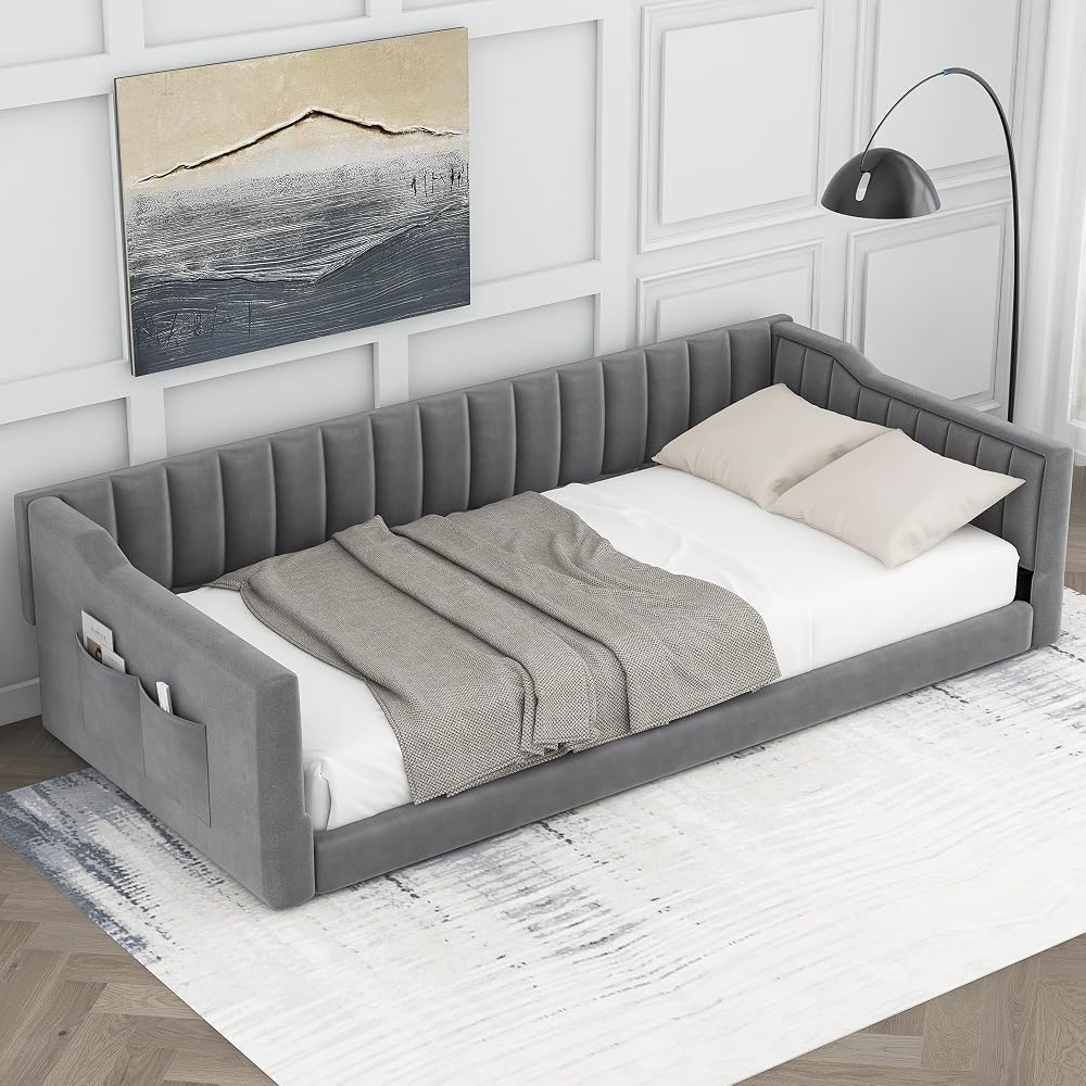 Twin XL Size Upholstery Daybed and Side Storage Pocket, Velevet Sofa Bed with Backrest and Two Armrest for Guest Room, Living Room, Gray