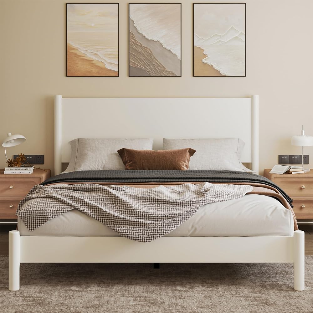 King Size Modern Minimalist Wood Platform Bed Frame, White