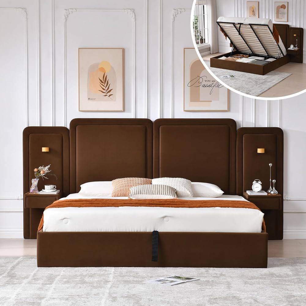 King Lift Up Storage Bed with 53" Tall Headboard & 2 Nightstands, Brown