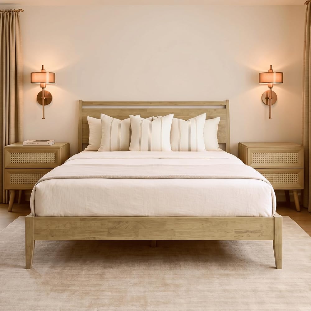 Adept Wooden Bed Frame with Headboard, Solid Wood Foundation with Silent Slats and Wood Central Supports, 1000 Lb Capacity, Effortless Assembly, Queen - Sand