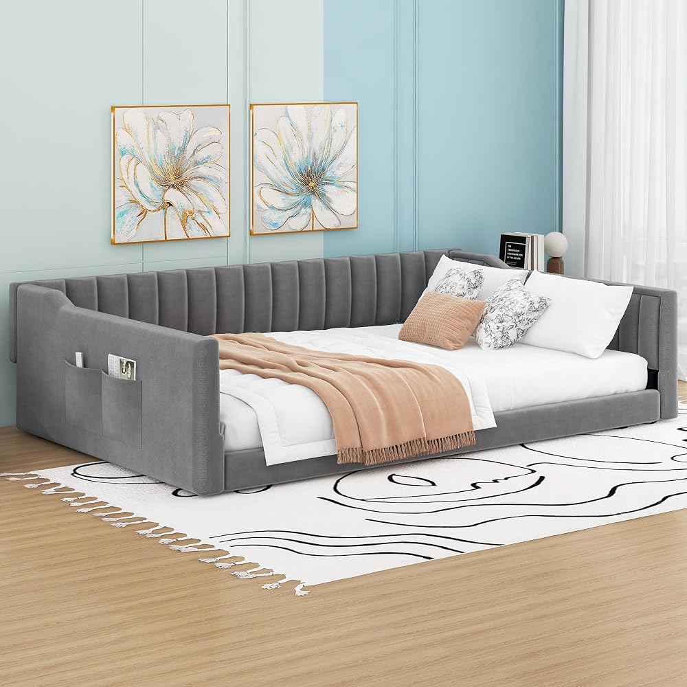 Full XL Size Daybed, Upholstery Day Bed Frame with Channel Tufted Backrest and Armrest, Floor Bed with Side Pockets,Solid Wood Slat Support, No Box Spring Needed,Gray