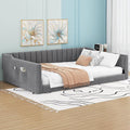 Full XL Size Daybed, Upholstery Day Bed Frame with Channel Tufted Backrest and Armrest, Floor Bed with Side Pockets,Solid Wood Slat Support, No Box Spring Needed,Gray