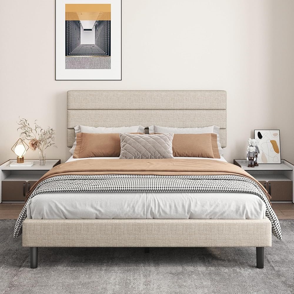 Full Platform Bed Frame with Adjustable Linen Fabric Upholstered Headboard, Strong Slats Support, Noise-Free, No Box Spring Required, Easy Assembly for Bedroom Guest Room, Beige