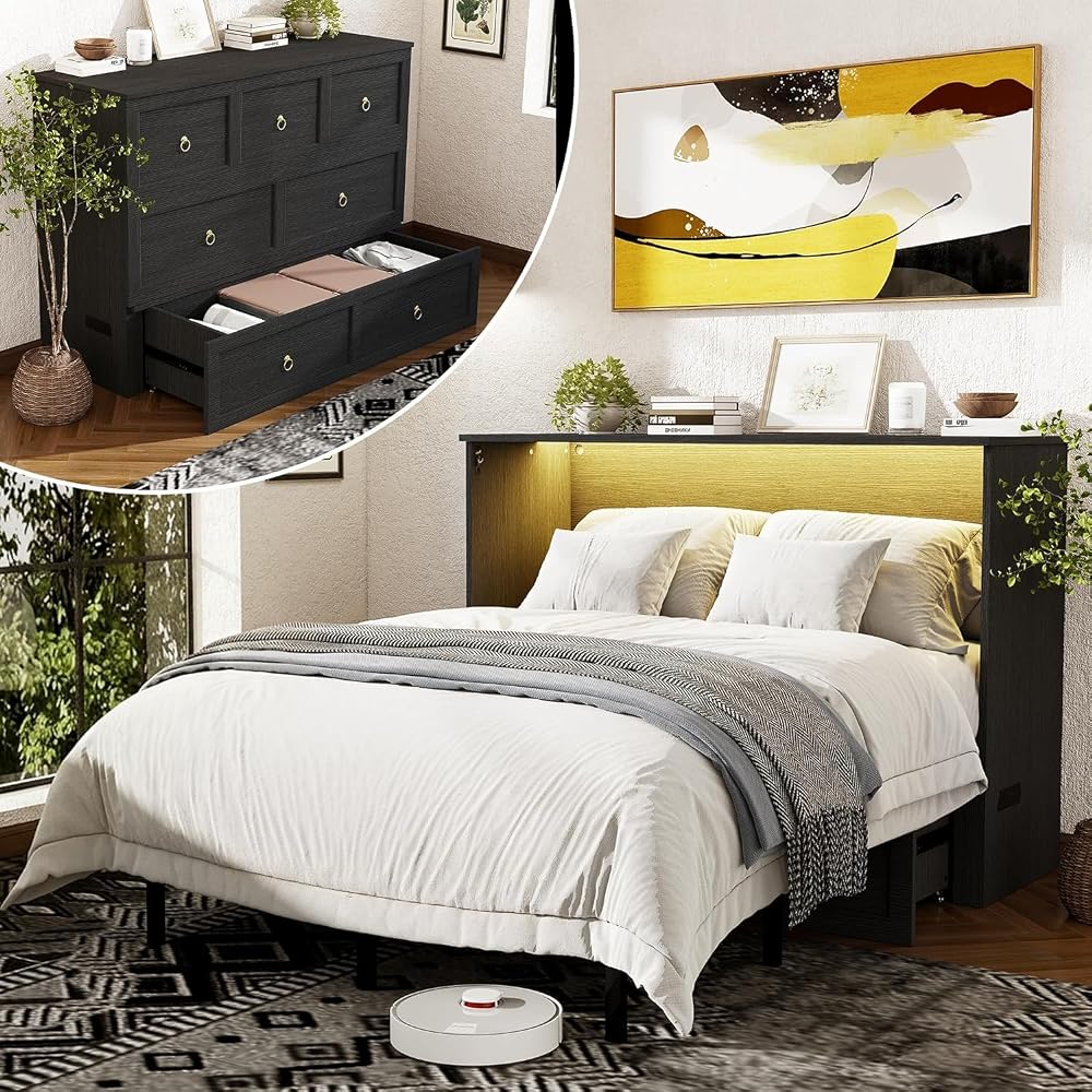 Farmhouse Queen Murphy Bed with Storage Drawer,Cabinet Bed with LED Lights & Charging Station, Space Saving Wall Bed for Small Bedroom/Home Office, Noise Free & Easy Assembly, Black