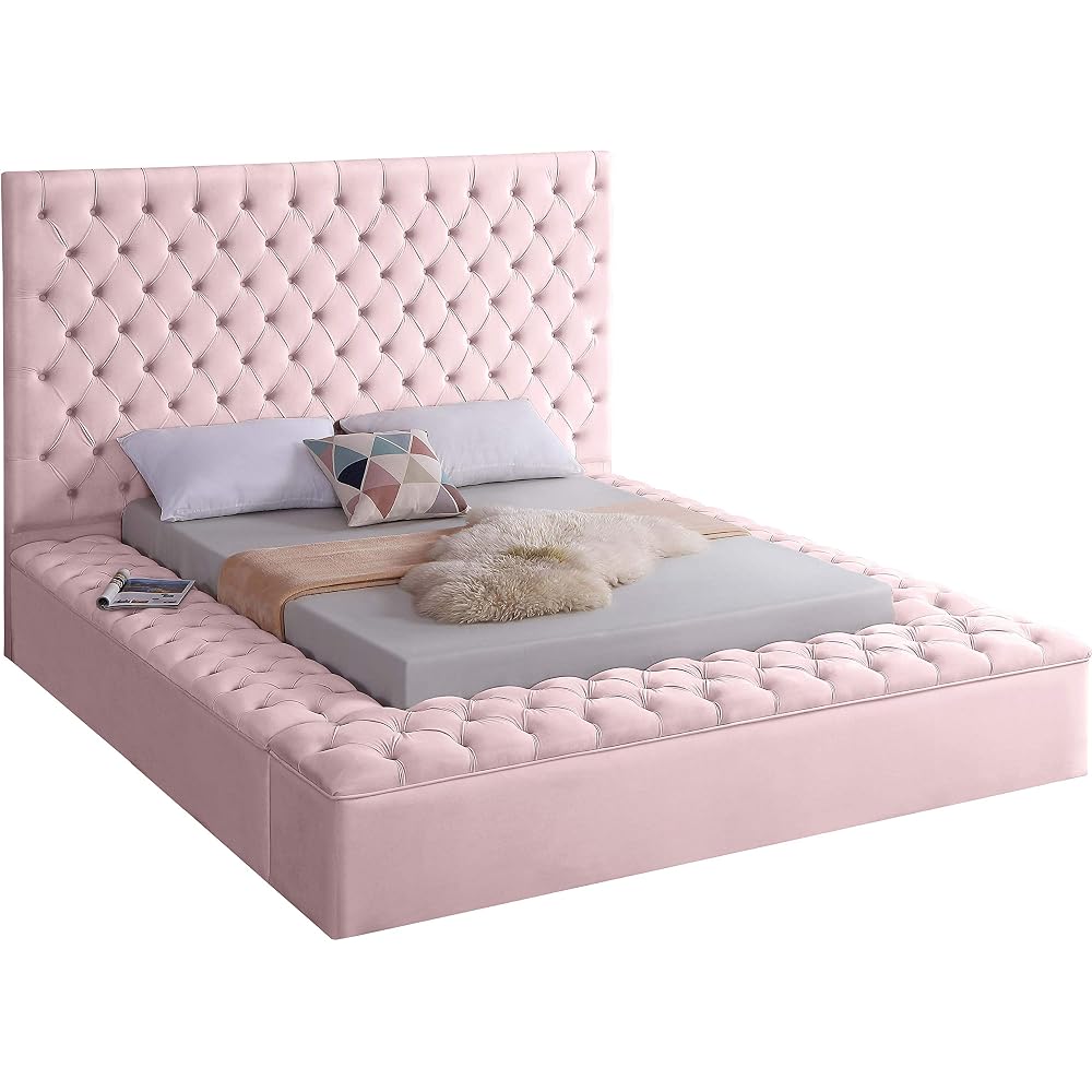 Bliss Collection Modern | Contemporary Velvet Upholstered Bed with Deep Button Tufting and Storage Compartments in Rails and Footboard, Pink, Queen