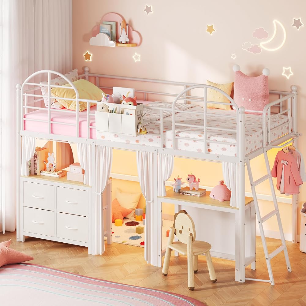 Twin Low Loft Bed with Desk & 4 Storage Drawers, Smart LED Lights, White