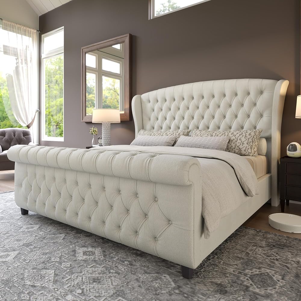 California King Upholstered Sleigh Bed Frame with Headboard