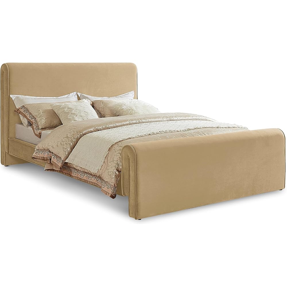 Meridian Furniture SloanCamel-K Sloan Collection Modern | Contemporary Velvet Upholstered King Bed with Rich Soft Camel Velvet, Curved Headboard and Footboard, 81" W x 92" D x 45" H, Camel, King