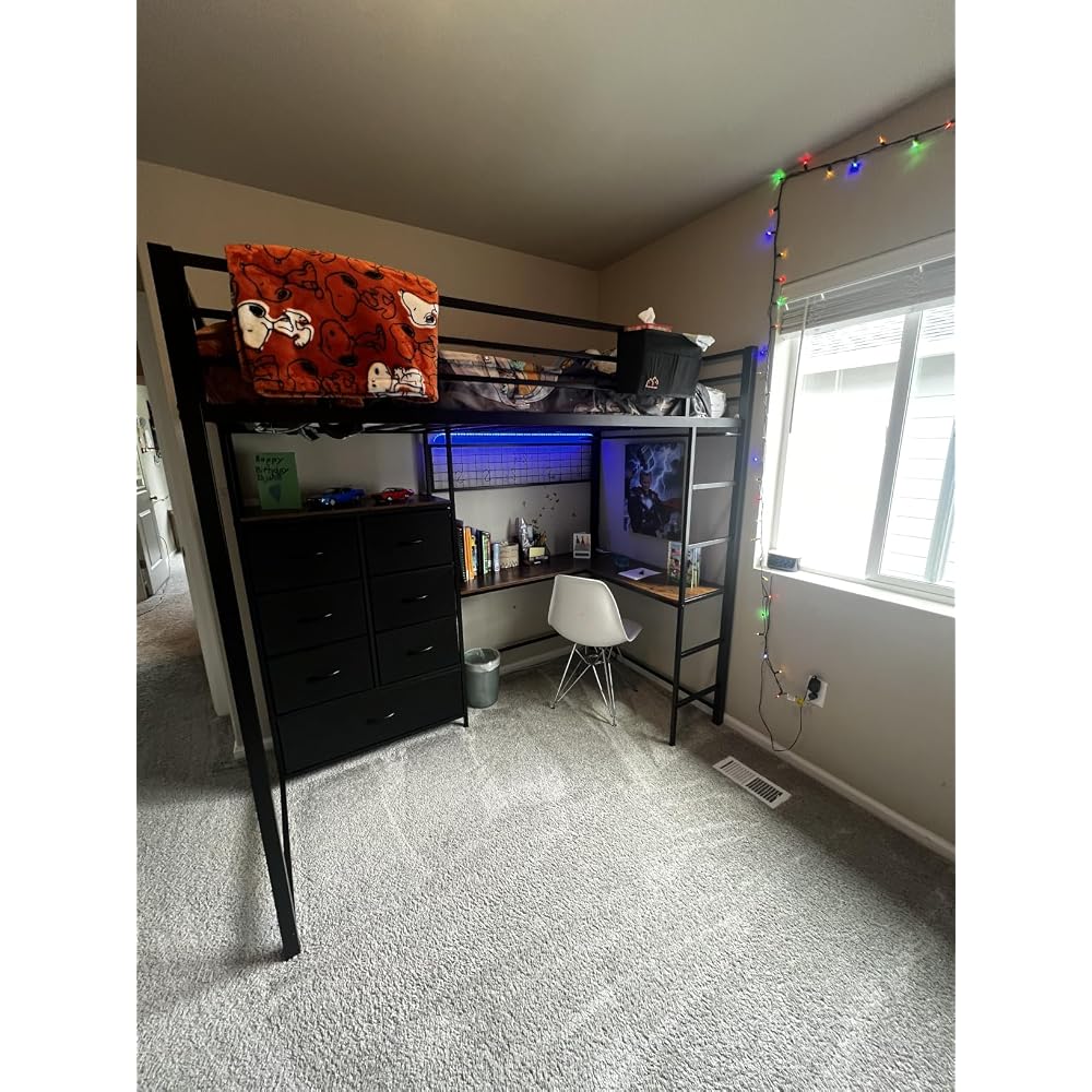 Full Loft Bed with L-Shaped Desk and 7 Storage Drawers, Metal Full Size Loft Bed for Teen with LED Lights and Charging Station,13.11" H Safety Guardrail and Ladder,No Box Spring Needed, White