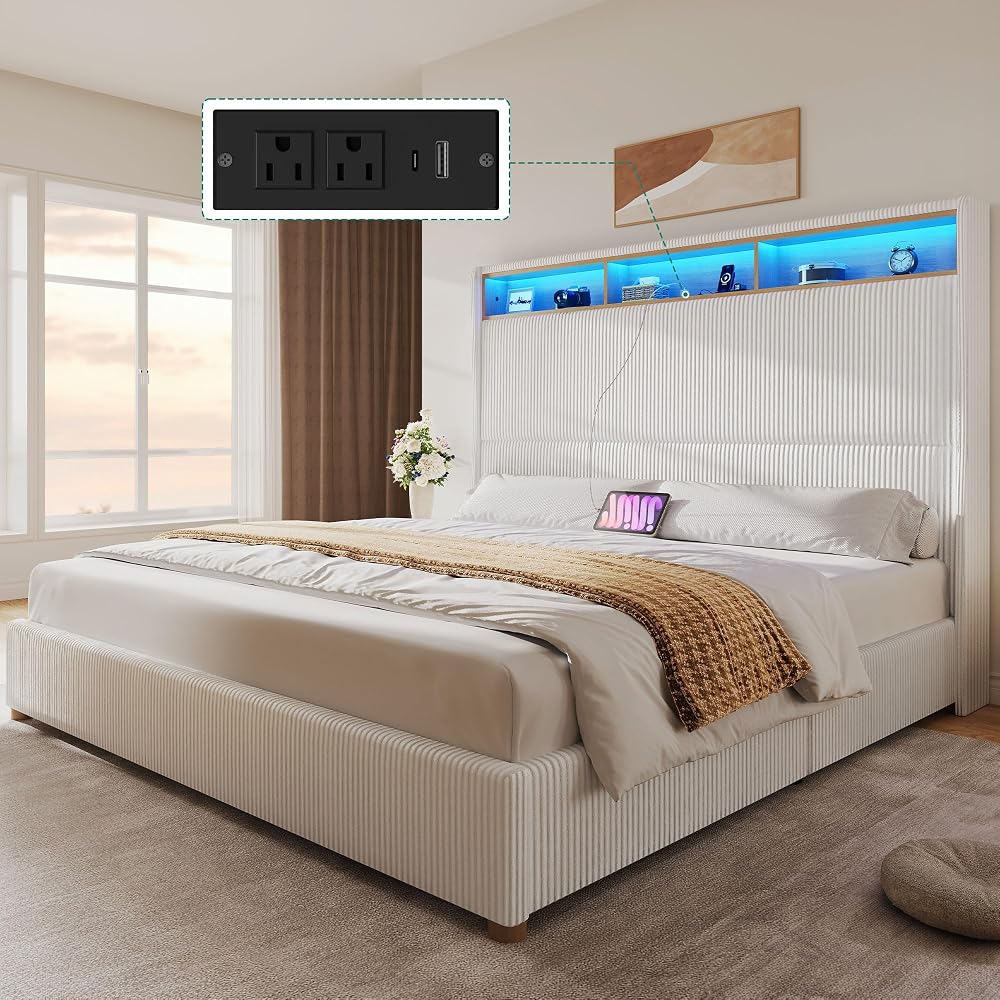 King Size Bed Frame with Charging Station and RGB LED Lights