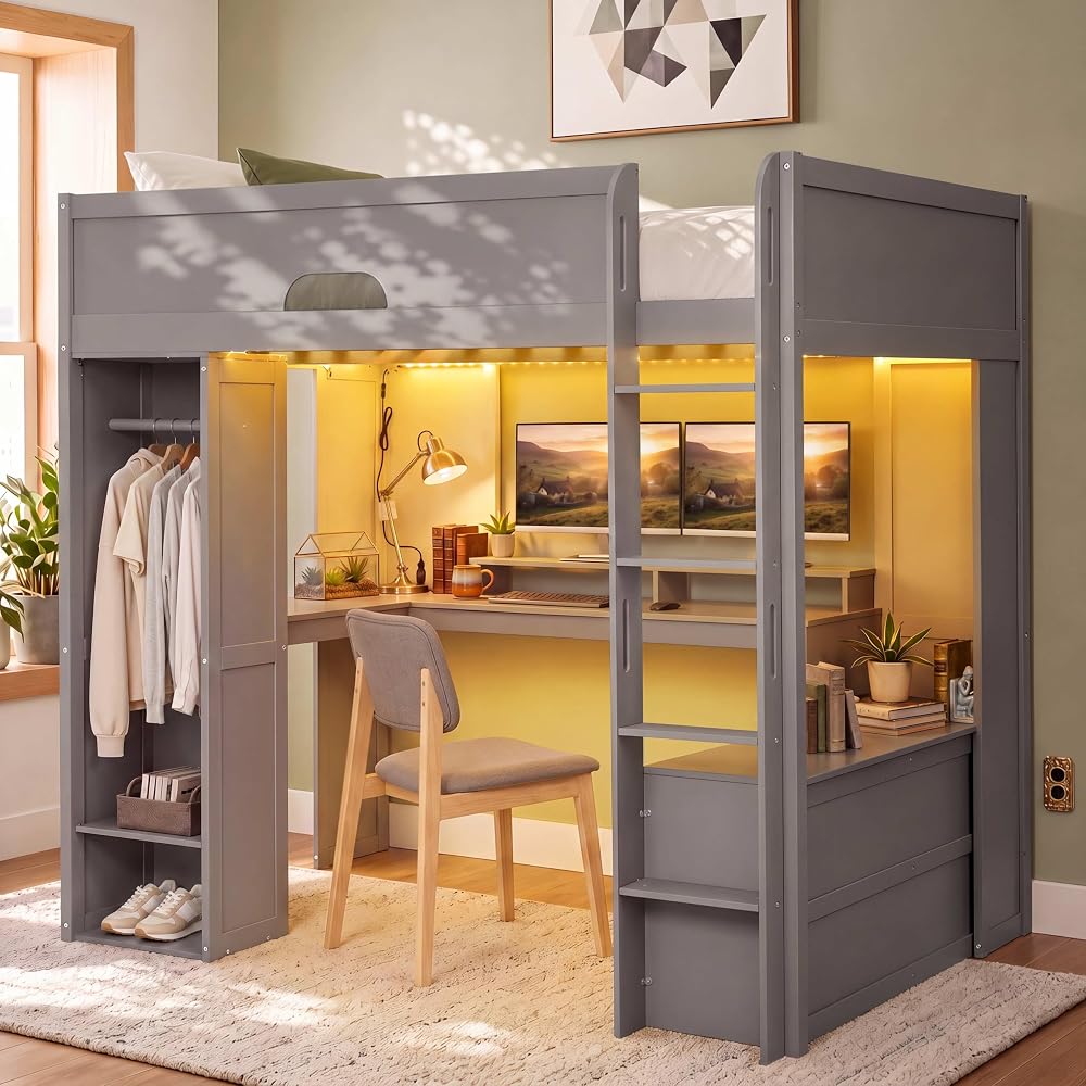 Full Size Wood Loft Bed with L-Shaped Desk, Storage Cabinet, Gray