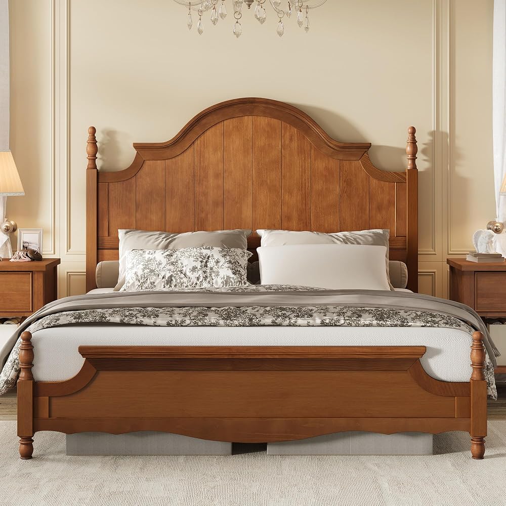 King Solid Wood Poster Bed with Arched Headboard, Brown