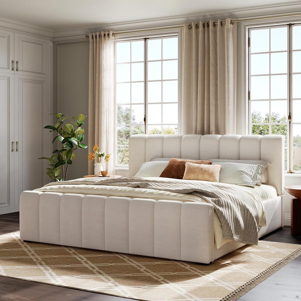 King Upholstered Bed with Thick Headboard and Footboard, Beige