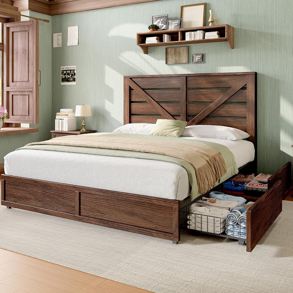 Queen Size Farmhouse Bed Frame with 4 Storage Drawers