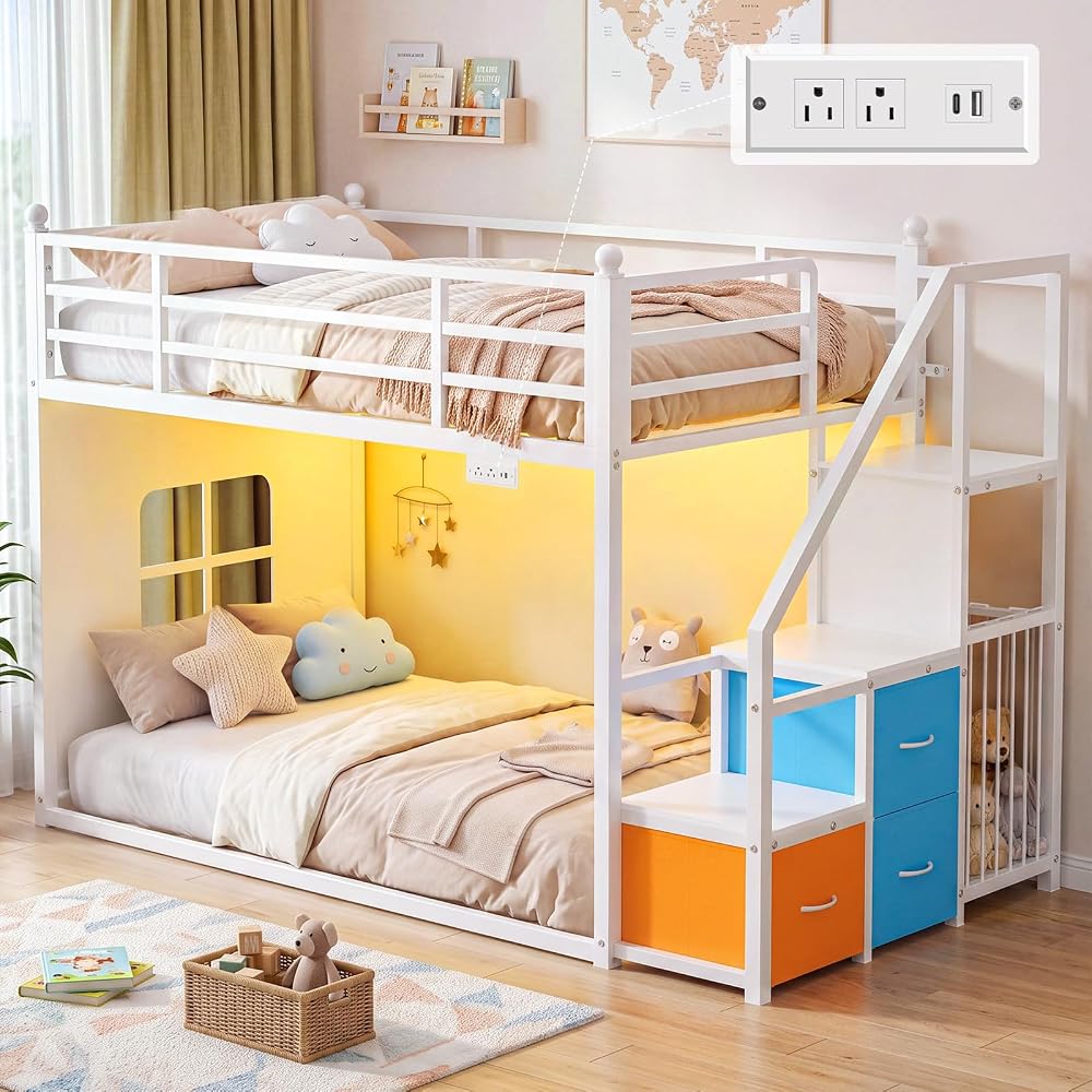 Low Bunk Bed Twin Over Twin with Stairs and 3 Storage Drawers, White
