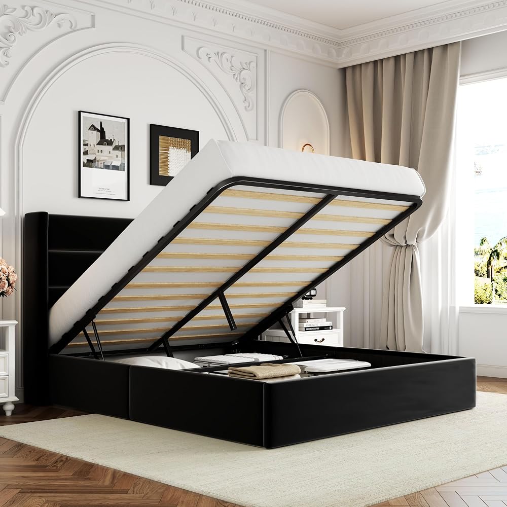Queen Size Lift Up Hydraulic Storage Bed Frame Black