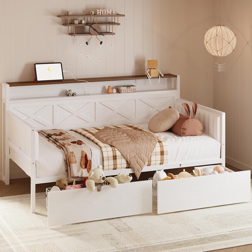 Twin Size Daybed with Storage Drawers, Charging Station, White