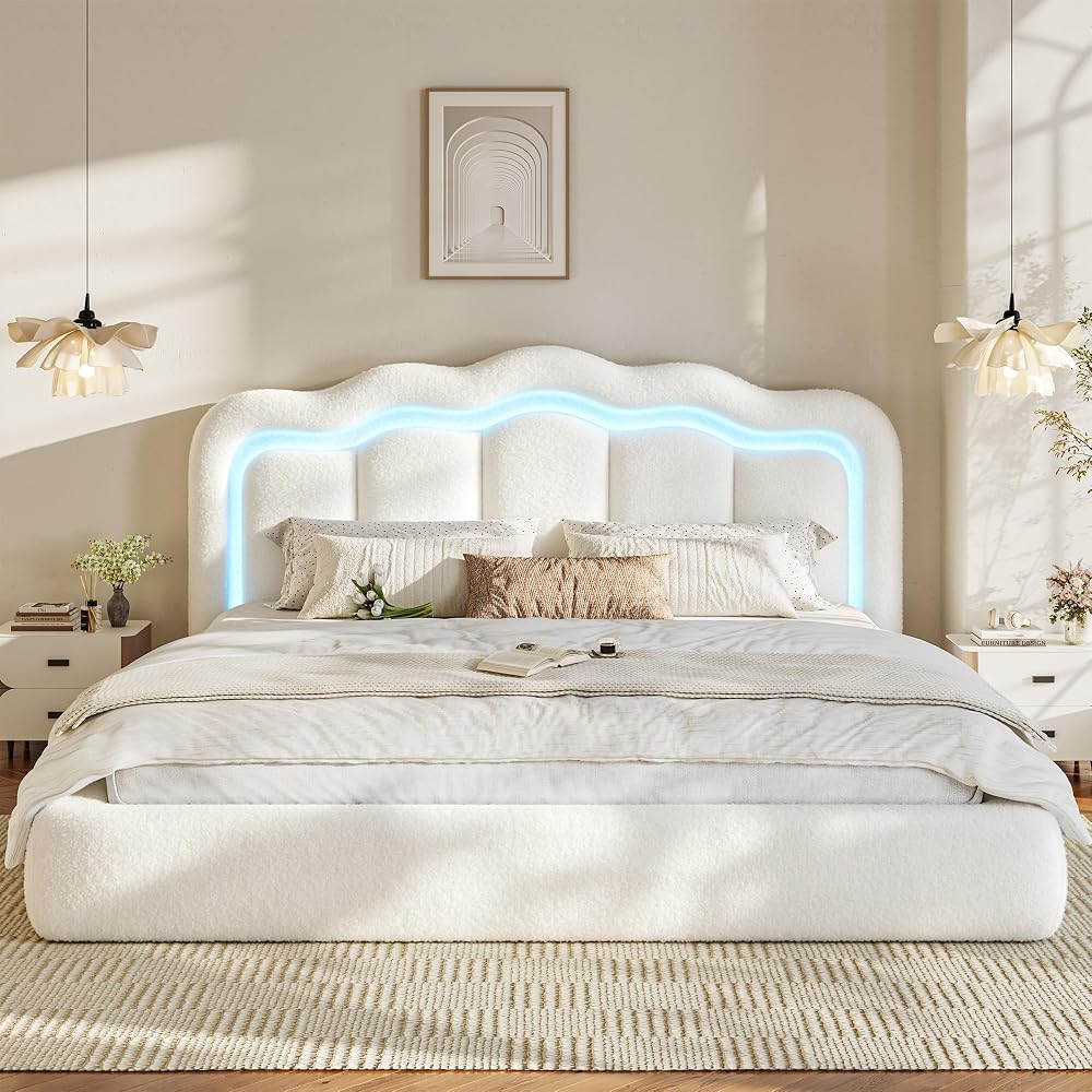 Cloud Bed Frame King Size 360° Upholstered Platform Bed, White