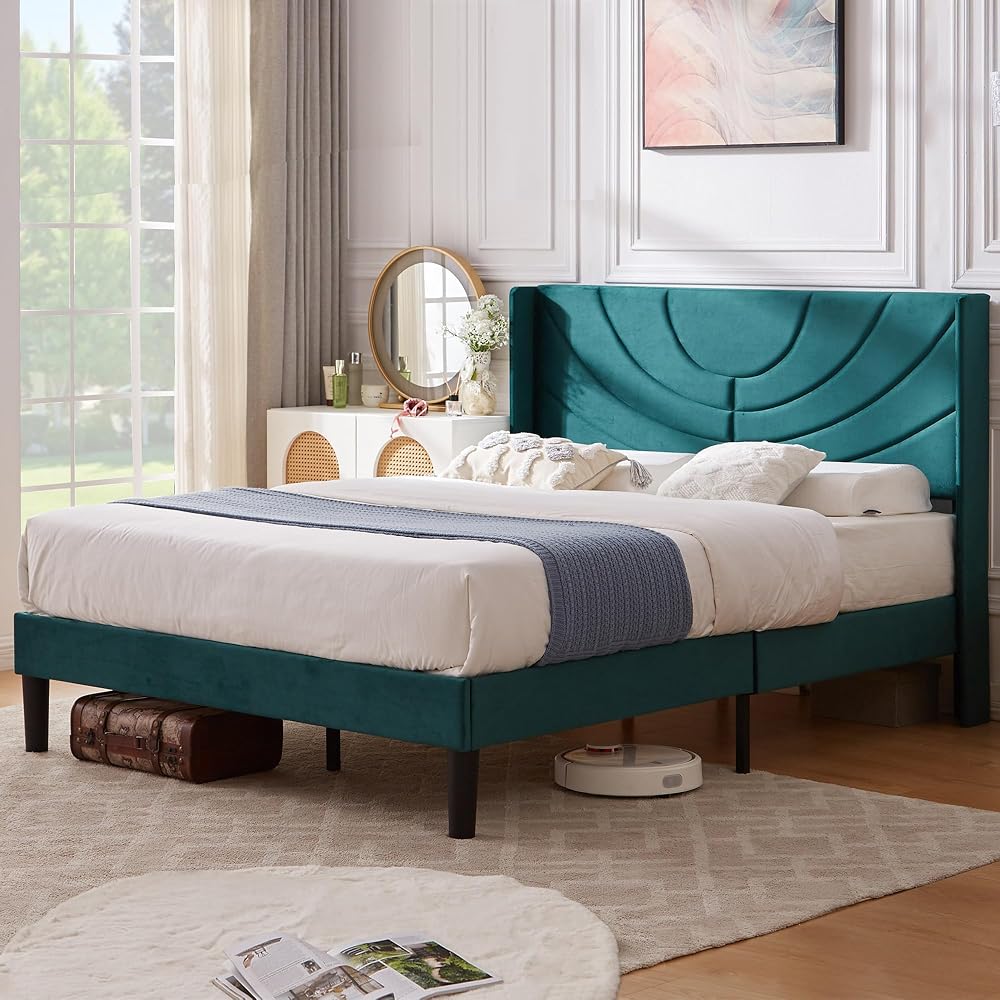 Queen Bed Frame Upholstered Platform with Fabric Headboard,Wooden Slats Support/No Box Spring Needed/Mattress Foundation,Dark Green