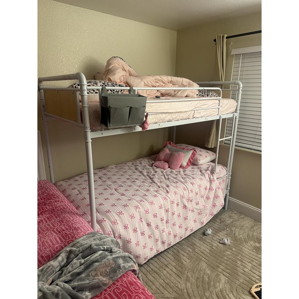 Metal Bunk Bed Twin Over Twin, Industrial Bunkbeds Heavy Duty Bed with Safety Guard Rails and Space-Saving Design, Steel Bed for School, Bedroom (White)