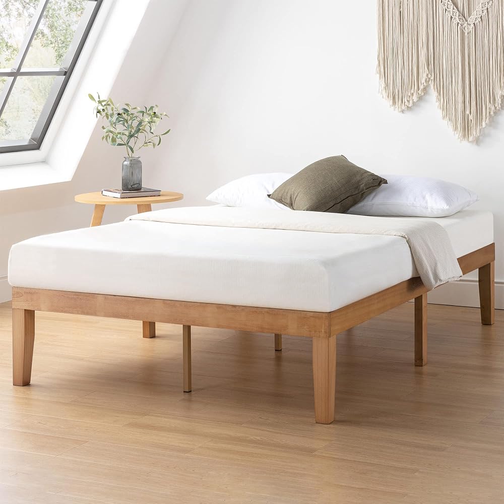 Naturalista Classic 16 Inch Solid Wood Platform Bed with Wooden Slats, Natural Pine, Queen