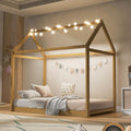 Twin Size House Bed Frame with LED Lights, Solid Wood Montessori Floor Bed, Low Platform Kids Play House Bed for Boys Girls Bedroom, Natural Wood Finish