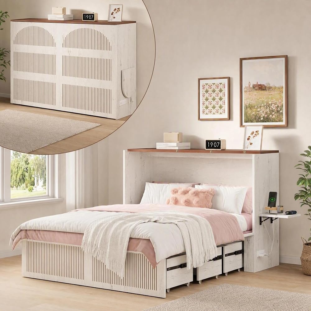 Queen Murphy Bed with Storage & Charging Station
