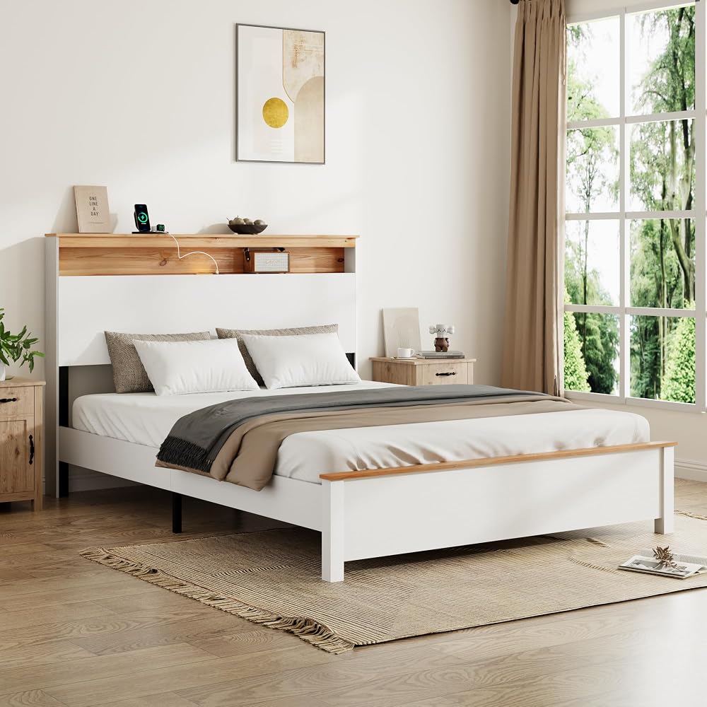 Farmhouse Wooden Bed Frame with Storage Headboard and Touch LED for Bedroom, Queen Size Platform Bed with Dual USB Ports and Metal Slats Support, No Box Spring Needed