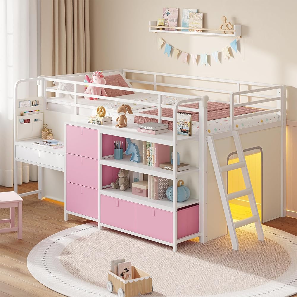 Low Loft Bed with Desk and 6 Storage Drawers Twin Loft Bed with Bookshelf,LED Lights & Under-Bed Play Space,Kids Twin Beds with 13.8''H Safety Guardrail,Inclined Ladder&Play Curtain,Pink+White