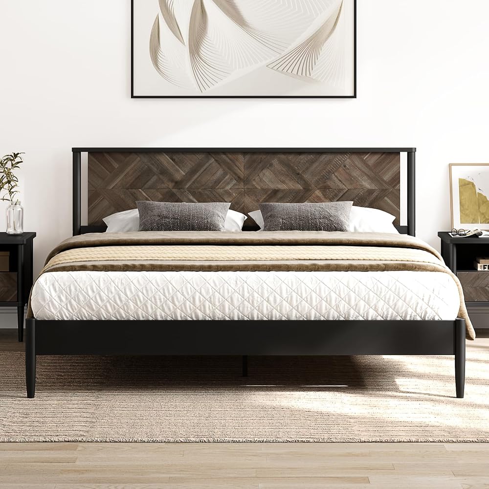 Lenia Solid Wood King Bed Frame with Tall Headboard, Mocha Black