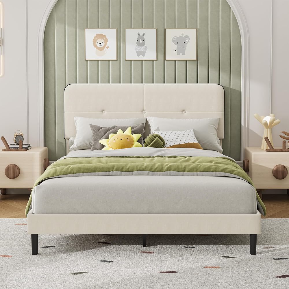 Queen Size Platform Bed Frame with Velvet Headboard, White