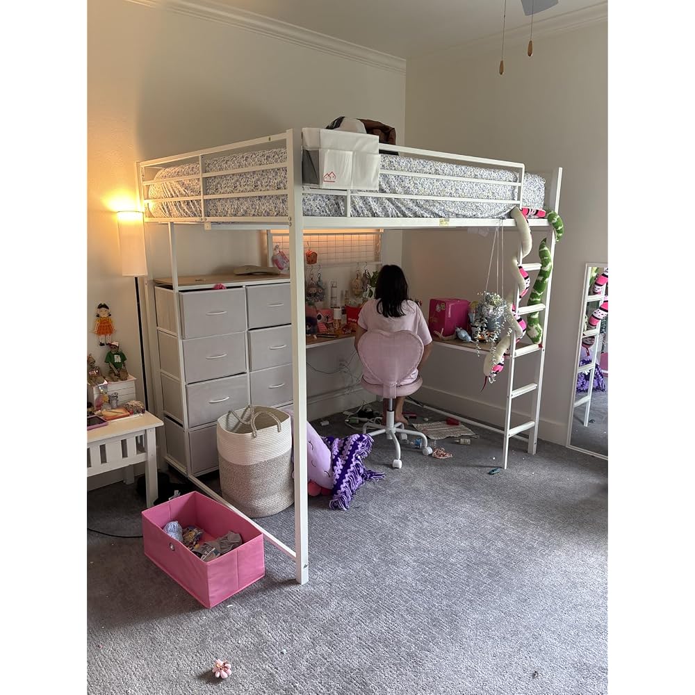 Full Loft Bed with L-Shaped Desk and 7 Storage Drawers, Metal Full Size Loft Bed for Teen with LED Lights and Charging Station,13.11" H Safety Guardrail and Ladder,No Box Spring Needed, White