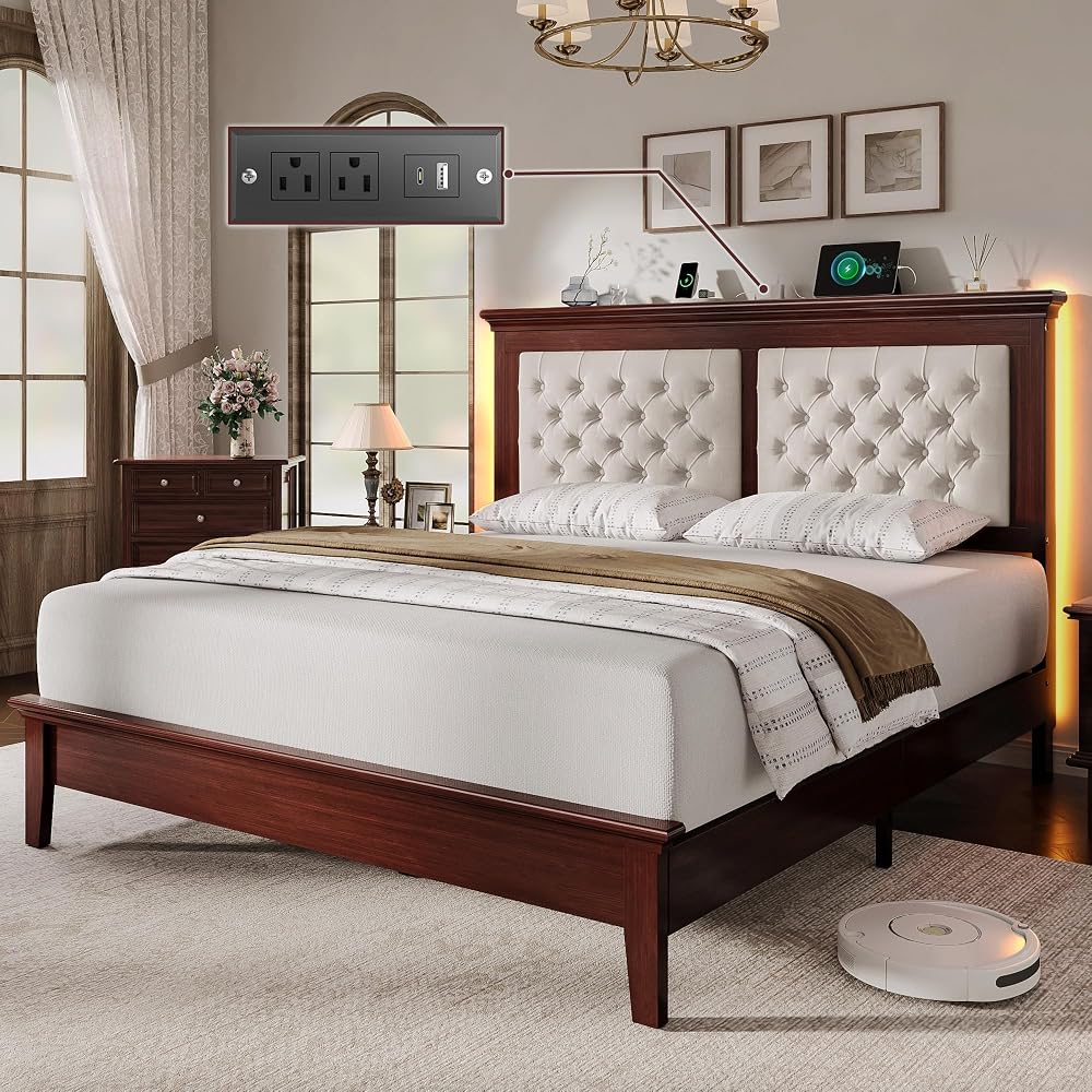 Solid Wood Queen Bed Frame 41.5” Tall Diamond-Tufted Upholstered Headboard, American Classic Flat-Top Bed, Stable Structure, Wood Slats Support, Noise-Free, No Box Spring Needed, Redish Brown