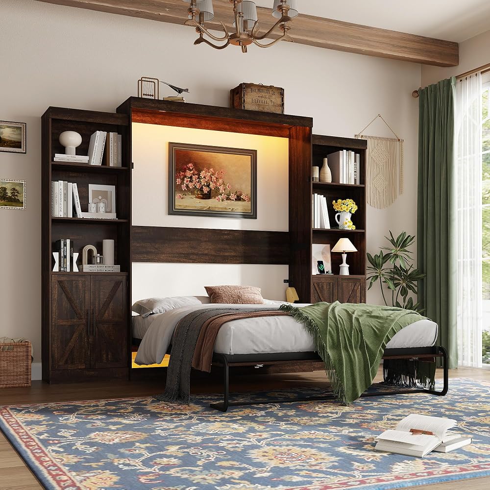 Queen Size Murphy Bed w/2 Storage Cabinet&2 LED Light, Farmhouse Wood Hidden Foldable Wall Bed Frame, Storage Bed Cabinet for Bedroom, Office, Space-Saving, No Box Spring Needed, Brown
