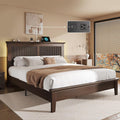Wood Queen Bed, Solid Wood Bed With Tall Headboard, American Vintage Design, Queen Bed With Charging Station & RGB LED, Wood Slats Support, Noise-Free, Sturdy Structure, Easy Assembly, Walnut