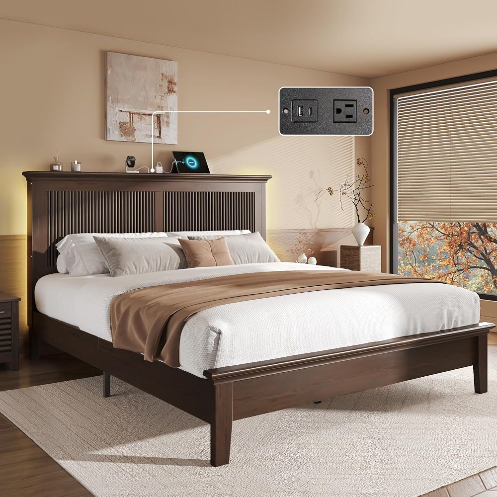 Wood Queen Bed, Solid Wood Bed With Tall Headboard, American Vintage Design, Queen Bed With Charging Station & RGB LED, Wood Slats Support, Noise-Free, Sturdy Structure, Easy Assembly, Walnut